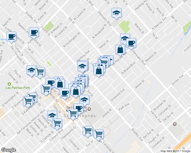 map of restaurants, bars, coffee shops, grocery stores, and more near 433 North Maclay Avenue in San Fernando