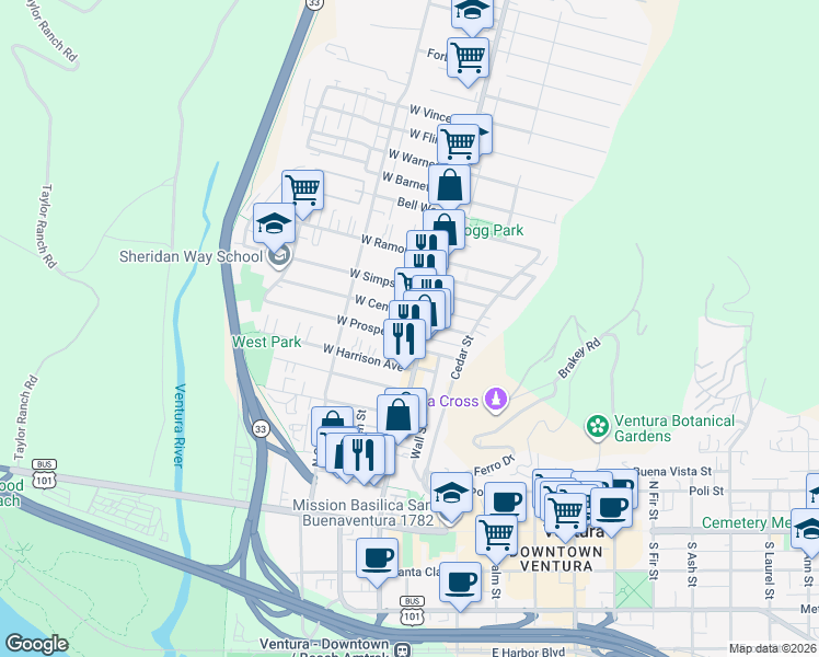 map of restaurants, bars, coffee shops, grocery stores, and more near 459 North Ventura Avenue in Ventura