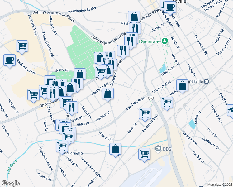 map of restaurants, bars, coffee shops, grocery stores, and more near 759 Cleveland Street in Gainesville