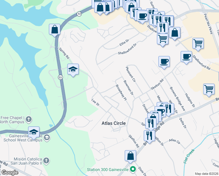 map of restaurants, bars, coffee shops, grocery stores, and more near 2333 Broadway Drive in Gainesville
