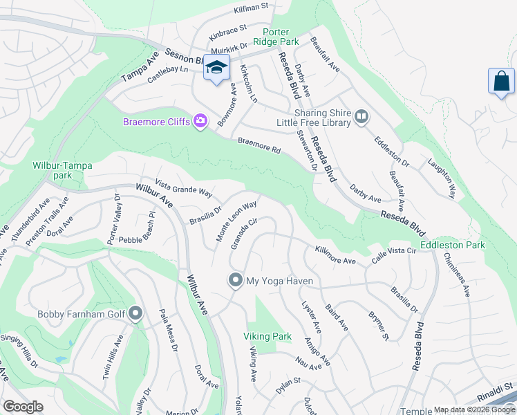 map of restaurants, bars, coffee shops, grocery stores, and more near 11772 Monte Leon Way in Los Angeles