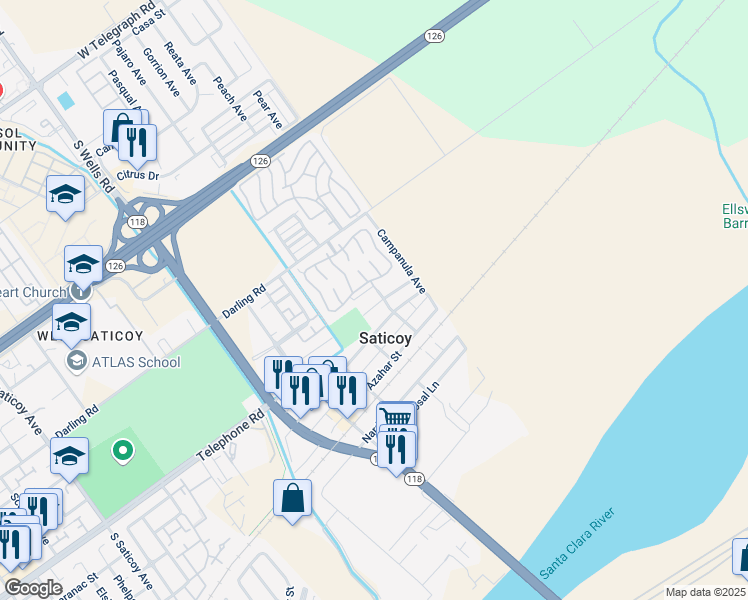 map of restaurants, bars, coffee shops, grocery stores, and more near 11369 Aster Street in Ventura