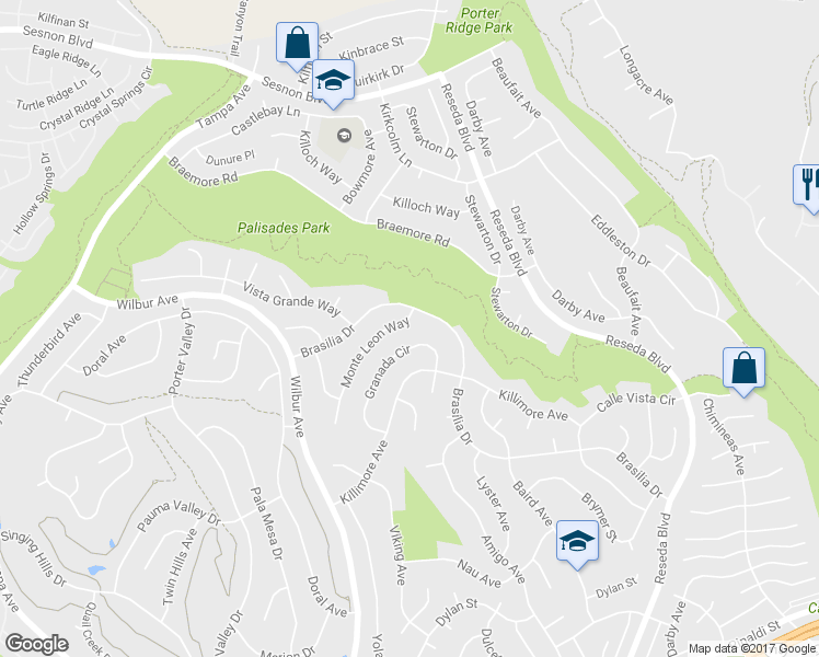 map of restaurants, bars, coffee shops, grocery stores, and more near 11772 Monte Leon Way in Los Angeles