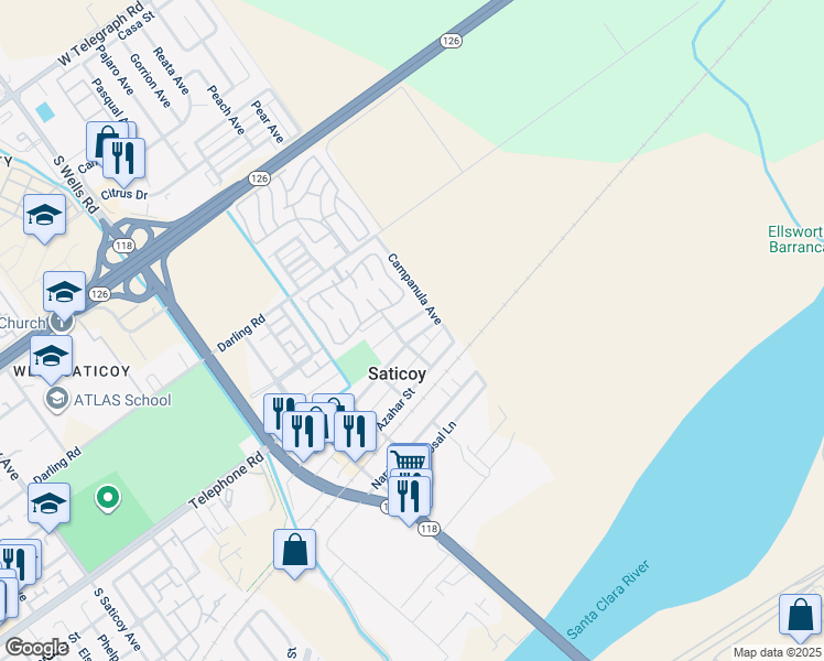 map of restaurants, bars, coffee shops, grocery stores, and more near 11423 Violeta Street in Ventura