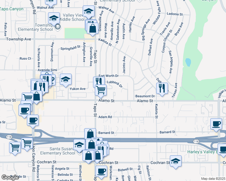 map of restaurants, bars, coffee shops, grocery stores, and more near 4553 Alamo Street in Simi Valley