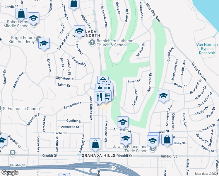 map of restaurants, bars, coffee shops, grocery stores, and more near 16940 Knollwood Drive in Los Angeles
