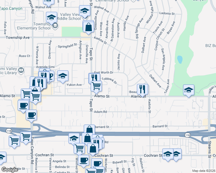 map of restaurants, bars, coffee shops, grocery stores, and more near 4553 Alamo Street in Simi Valley