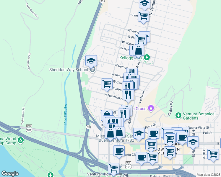 map of restaurants, bars, coffee shops, grocery stores, and more near 194 West Prospect Street in Ventura