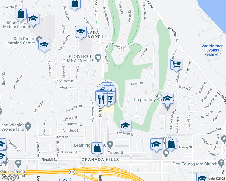 map of restaurants, bars, coffee shops, grocery stores, and more near 16940 Knollwood Drive in Los Angeles