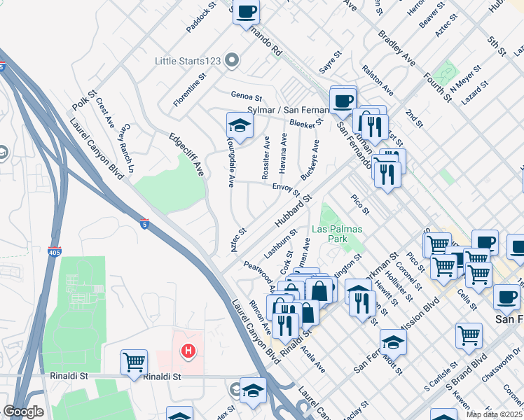 map of restaurants, bars, coffee shops, grocery stores, and more near 11951 Rossiter Place in Los Angeles