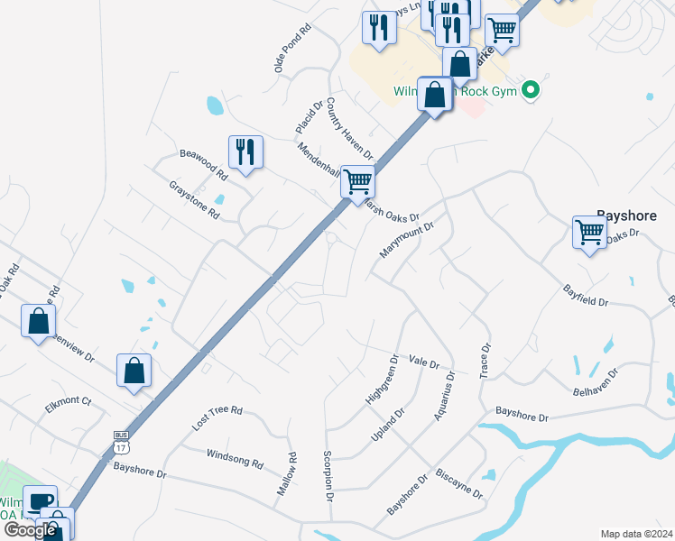 map of restaurants, bars, coffee shops, grocery stores, and more near 115 Amberleigh Drive in Wilmington