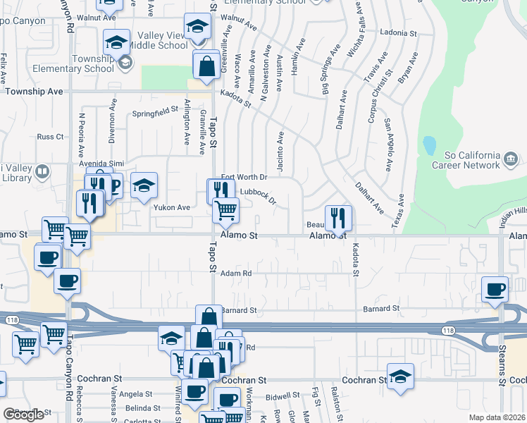 map of restaurants, bars, coffee shops, grocery stores, and more near 4561 Alamo Street in Simi Valley