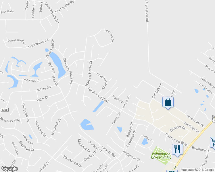 map of restaurants, bars, coffee shops, grocery stores, and more near 2630 Bow Hunter Drive in Wilmington