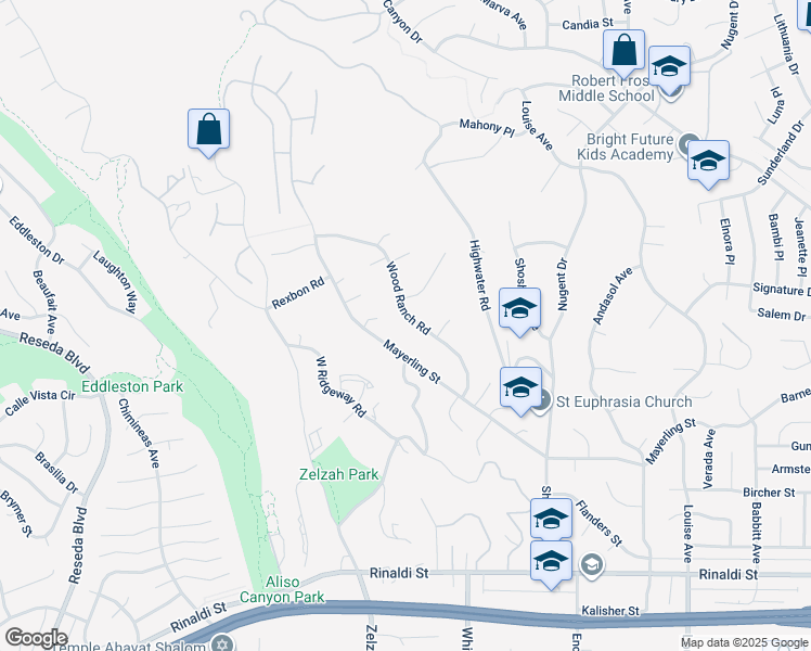 map of restaurants, bars, coffee shops, grocery stores, and more near 11925 Wood Ranch Road in Los Angeles