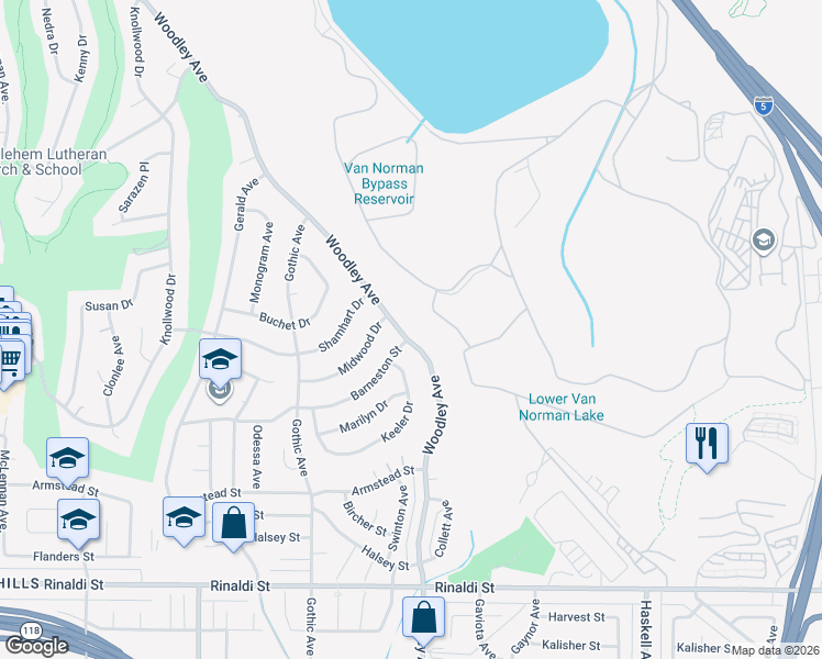 map of restaurants, bars, coffee shops, grocery stores, and more near 11930 Woodley Avenue in Los Angeles