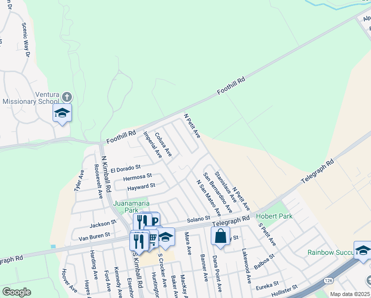 map of restaurants, bars, coffee shops, grocery stores, and more near 301 San Francisco Avenue in Ventura