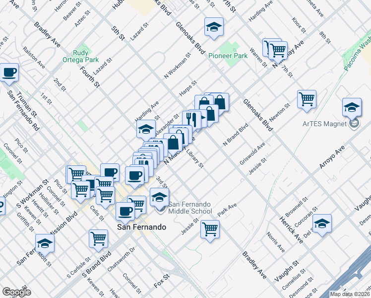 map of restaurants, bars, coffee shops, grocery stores, and more near in San Fernando