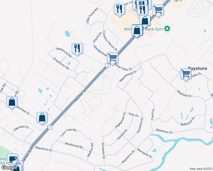 map of restaurants, bars, coffee shops, grocery stores, and more near 7701 Marymount Drive in Wilmington
