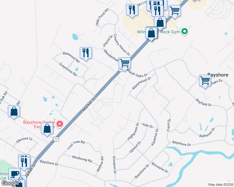 map of restaurants, bars, coffee shops, grocery stores, and more near 6701 Gordon Road in Wilmington