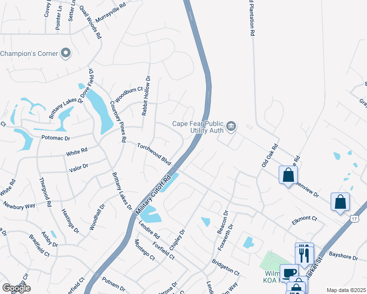 map of restaurants, bars, coffee shops, grocery stores, and more near 2630 Bow Hunter Drive in Wilmington