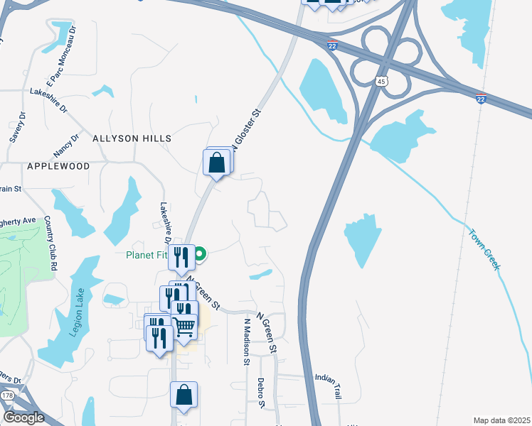 map of restaurants, bars, coffee shops, grocery stores, and more near 699 Nation Hills Drive in Tupelo