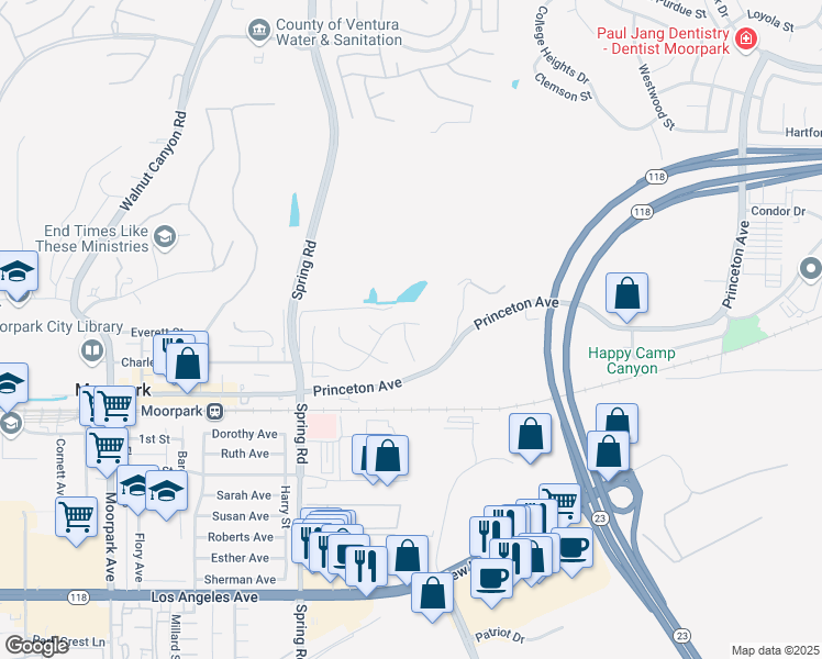 map of restaurants, bars, coffee shops, grocery stores, and more near 890 Hedyland Court in Moorpark