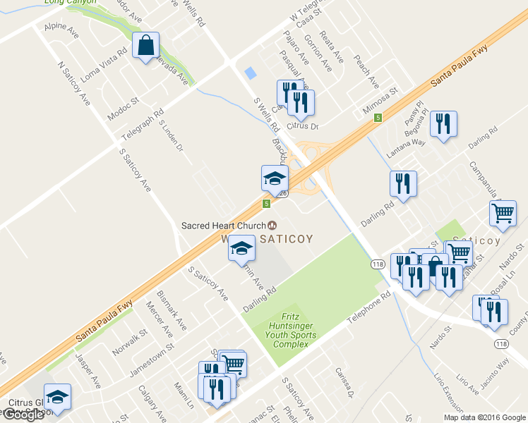 map of restaurants, bars, coffee shops, grocery stores, and more near 10770 Henderson Rd in Ventura