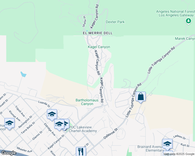 map of restaurants, bars, coffee shops, grocery stores, and more near 12047 Kagel Canyon Road in Los Angeles County
