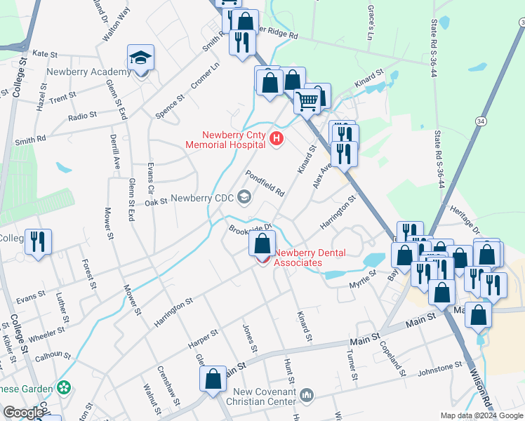 map of restaurants, bars, coffee shops, grocery stores, and more near 2319 Brookside Drive in Newberry