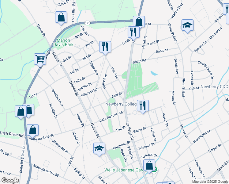 map of restaurants, bars, coffee shops, grocery stores, and more near 1205 Reid Street in Newberry