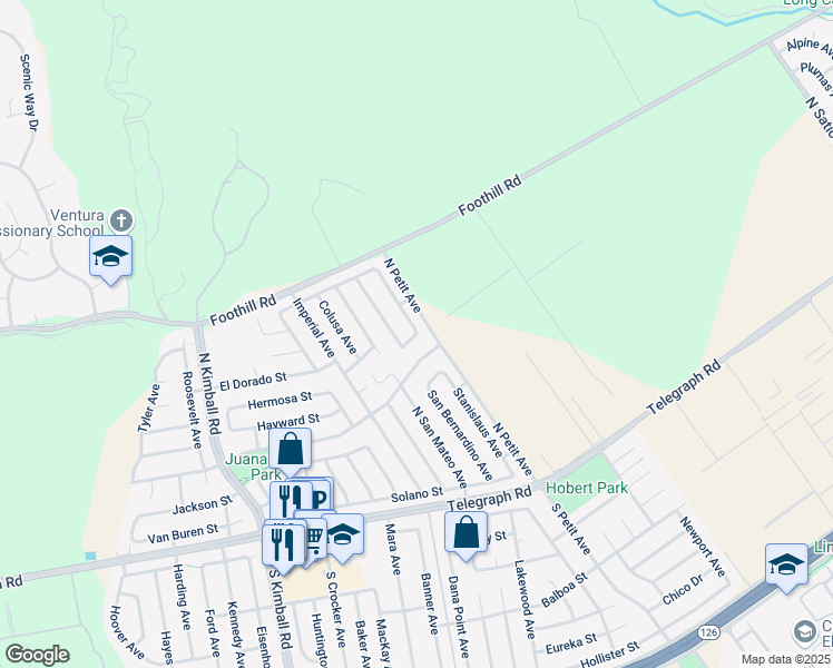 map of restaurants, bars, coffee shops, grocery stores, and more near 10736 Altadena Street in Ventura