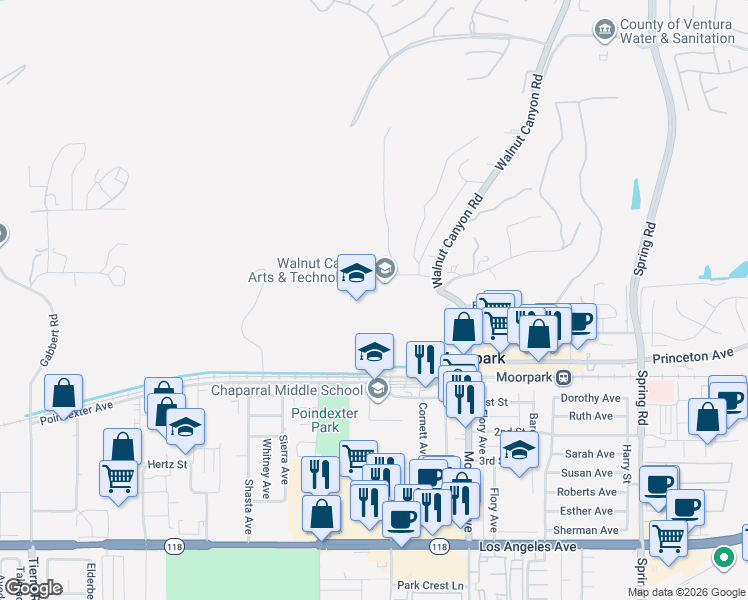map of restaurants, bars, coffee shops, grocery stores, and more near 200 Casey Road in Moorpark