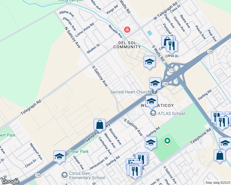 map of restaurants, bars, coffee shops, grocery stores, and more near 486 South Saticoy Avenue in Ventura