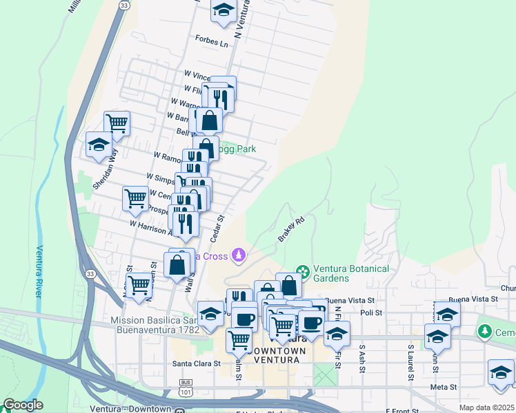 map of restaurants, bars, coffee shops, grocery stores, and more near 512 Cedar Street in Ventura