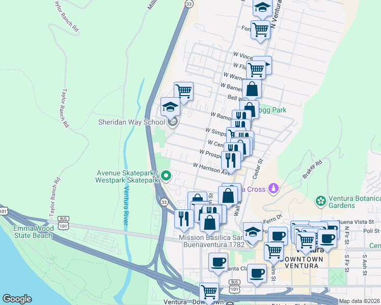 map of restaurants, bars, coffee shops, grocery stores, and more near 423 North Olive Street in Ventura