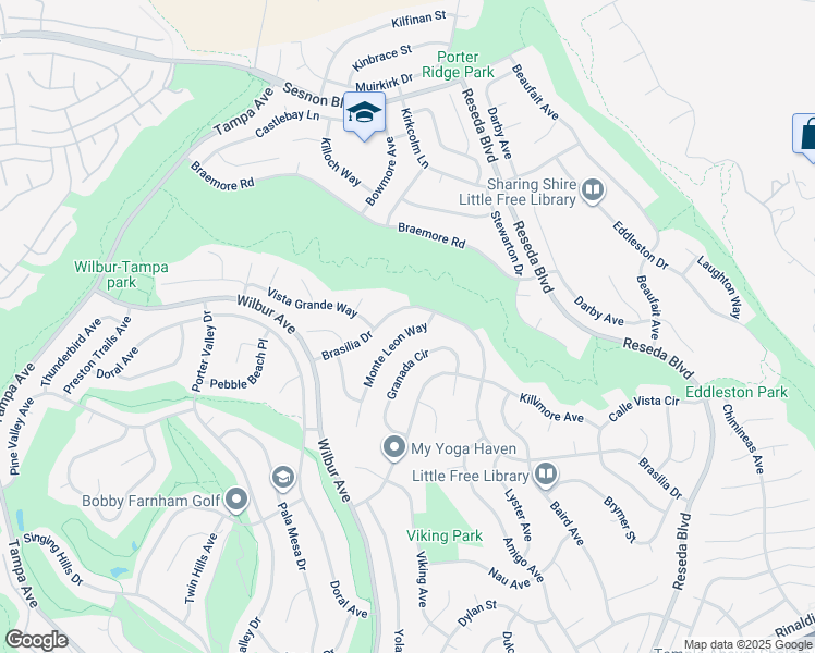 map of restaurants, bars, coffee shops, grocery stores, and more near 11765 Monte Leon Way in Los Angeles