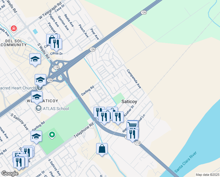 map of restaurants, bars, coffee shops, grocery stores, and more near 20 Poinsettia Gardens Drive in Ventura