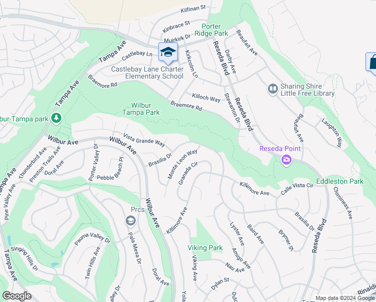 map of restaurants, bars, coffee shops, grocery stores, and more near 11765 Monte Leon Way in Los Angeles