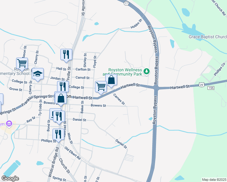 map of restaurants, bars, coffee shops, grocery stores, and more near 1-75 Carnes Street in Royston