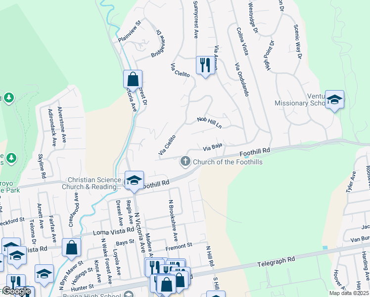map of restaurants, bars, coffee shops, grocery stores, and more near 697 Via Cielito in Ventura