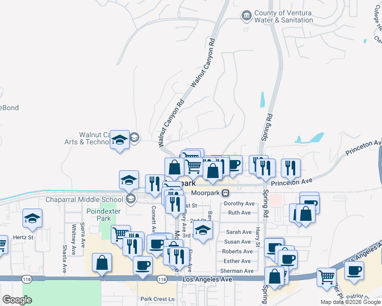 map of restaurants, bars, coffee shops, grocery stores, and more near 765 Walnut Street in Moorpark