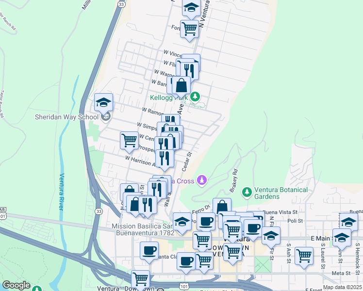 map of restaurants, bars, coffee shops, grocery stores, and more near 68 East Center Street in Ventura