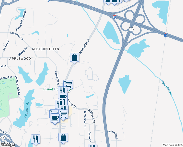 map of restaurants, bars, coffee shops, grocery stores, and more near 699 Nation Hills Drive in Tupelo