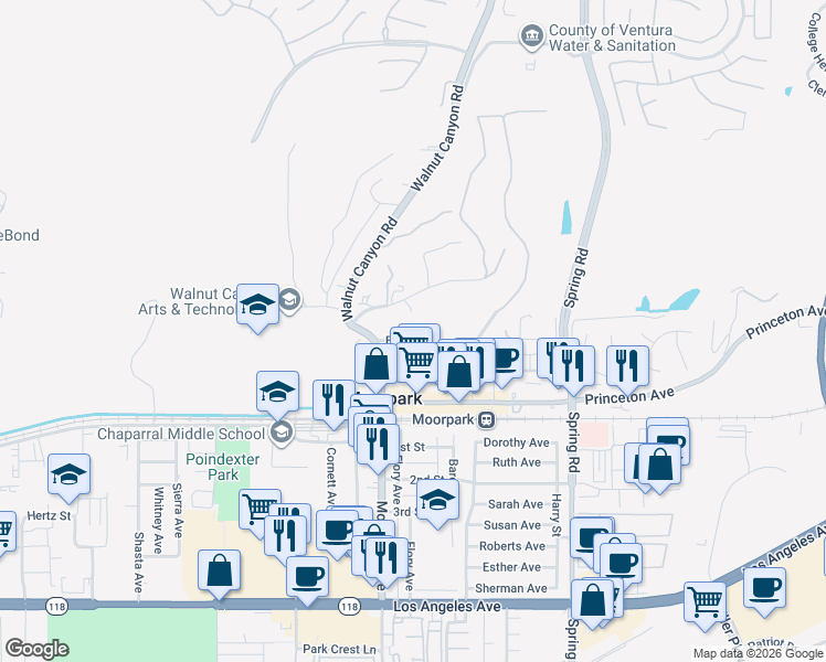 map of restaurants, bars, coffee shops, grocery stores, and more near 765 Walnut Street in Moorpark
