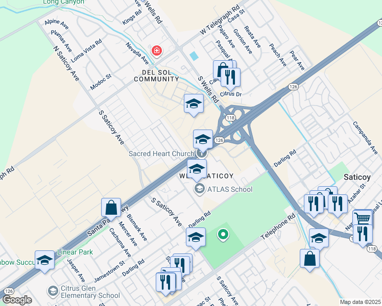 map of restaurants, bars, coffee shops, grocery stores, and more near 10770 Henderson Road in Ventura
