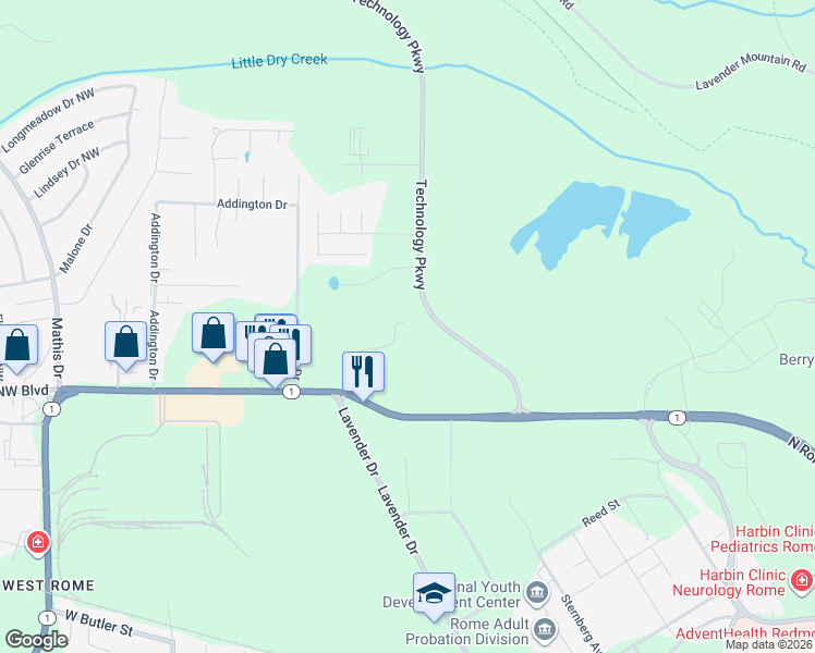 map of restaurants, bars, coffee shops, grocery stores, and more near 100 Asbury Drive in Rome