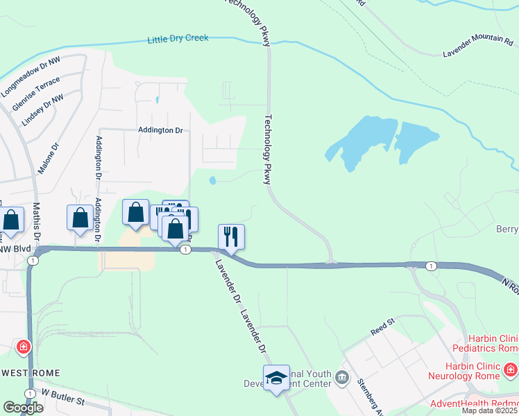map of restaurants, bars, coffee shops, grocery stores, and more near 104 Asbury Drive in Rome