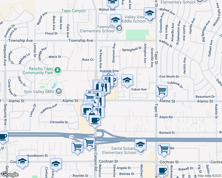 map of restaurants, bars, coffee shops, grocery stores, and more near 2902 Tapo Canyon Road in Simi Valley