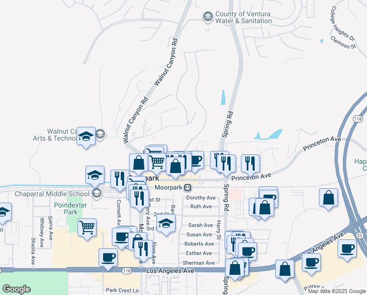 map of restaurants, bars, coffee shops, grocery stores, and more near 841 Valley Road in Moorpark