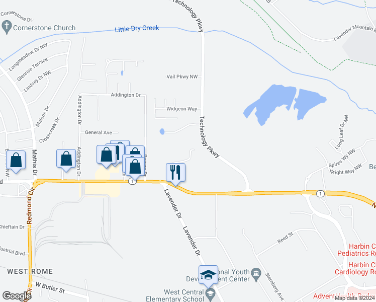 map of restaurants, bars, coffee shops, grocery stores, and more near 103 Asbury Drive in Rome